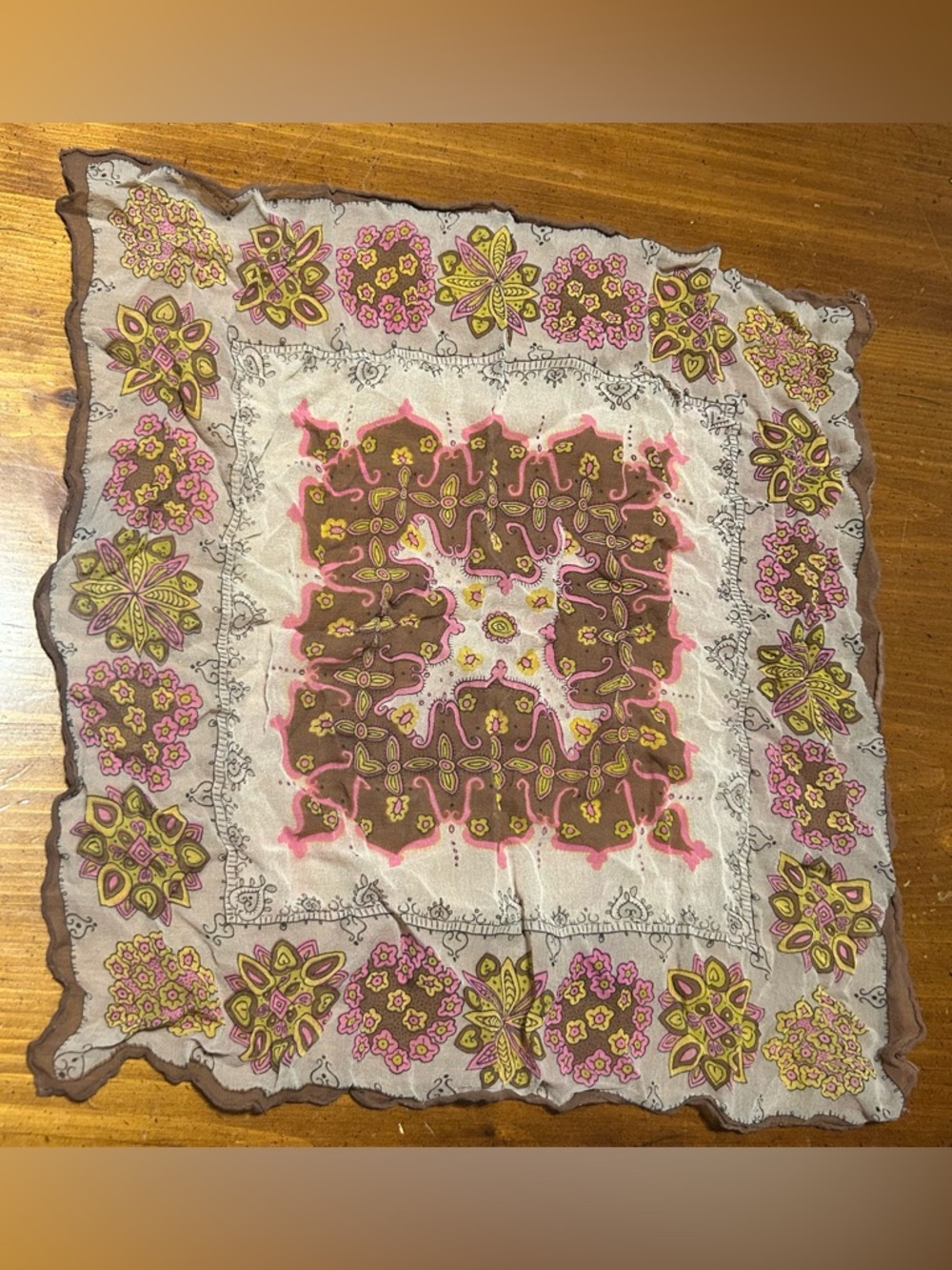 Vintage-Inspired Floral Bandana Scarf in Taupe, Pink & Yellow
